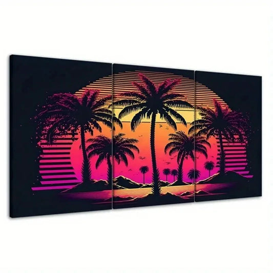 3pcs Tropical Sunset Palm Trees Synthwave Wall Art Canvas Framed 40x60cm - High Quality Print 100% Australian Made Wall Canvas Ready to Hang