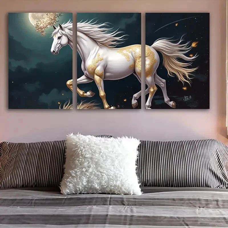 3pcs White Horse Standing Portrait Wall Art Set Canvas Framed 40x60cm - High Quality Print 100% Australian Made Wall Canvas Ready to Hang
