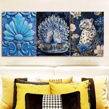3pcs Elegant Blue Peacock And White Leopard Wall Art Set Canvas Framed 60x90cm - High Quality Print 100% Australian Made Wall Canvas Ready to Hang - Bella Home Decor
