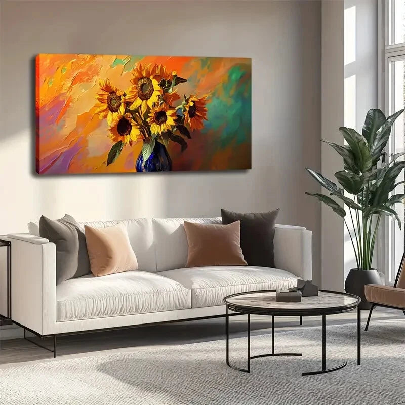 Seven Sunflowers Symbolizing Wall Art canvas office home room framed 120x60cm - Bella Home Decor