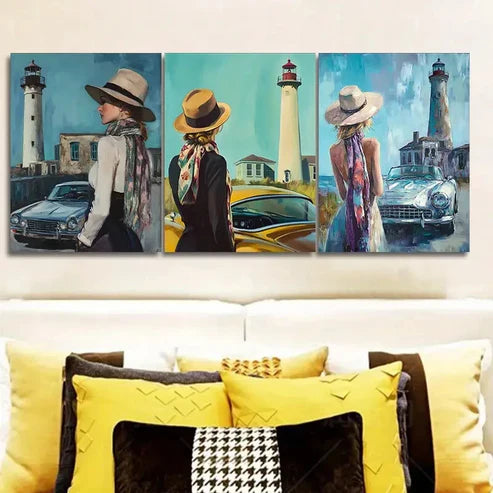 3pcs The girl by the old car (4) Wall Art Set Canvas Unframed - High Quality Print 100% Australian Made Wall Canvas