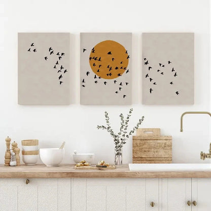 3pcs Flock of Birds Silhouette and Sunrise Metal Print Ready to Hang Art - Bella Home Decor