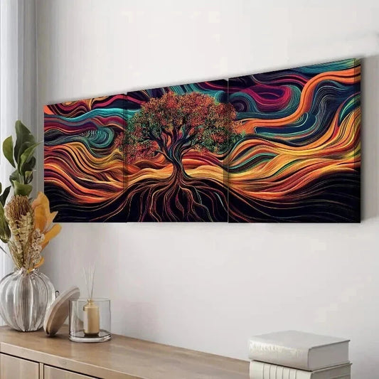 3pcs Psychedelic Tree of Life Waterproof Wall Art Set Canvas Framed 60x90cm - High Quality Print 100% Australian Made Wall Canvas Ready to Hang