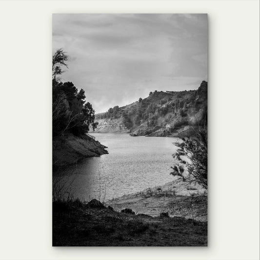 Black and White Lake and River Landscape Photo 40x60cm Metal Print Ready to Hang