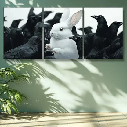 3pcs White Rabbit, Crow Animal Wall Art Set Canvas Unframed - High Quality Print 100% Australian Made Wall Canvas
