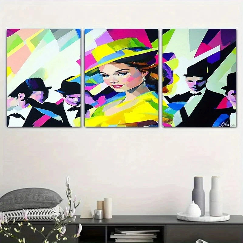 3pcs Vibrant Geometric Woman Yellow Hat Metal Print Ready to Hang Art