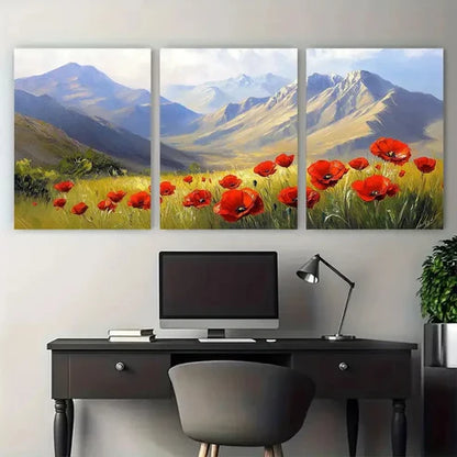3pcs Vibrant Mountain and Red Poppies Landscape Wall Art Set Canvas Unframed - High Quality Print 100% Australian Made Wall Canvas