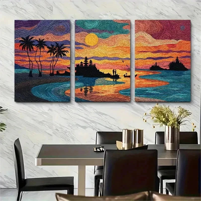 3pcs Palm Trees Sunset Vibrant Tropical Perfect Wall Art Set Canvas Framed 50x70cm - High Quality Print 100% Australian Made Wall Canvas Ready to Hang
