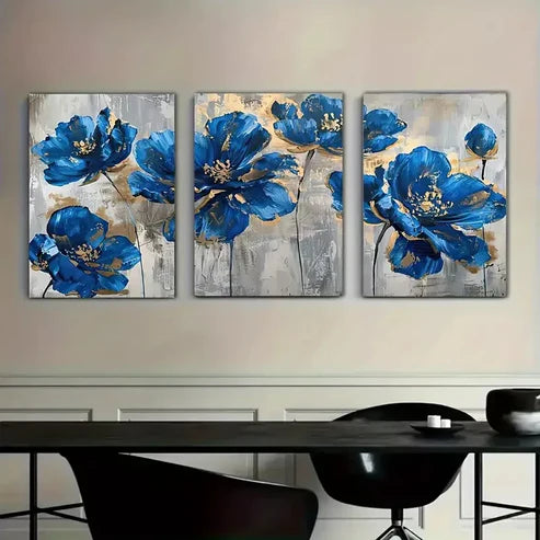 3pcs Blue Flowers With Freckles Of Gold Wall Art Set Canvas Unframed - High Quality Print 100% Australian Made Wall Canvas - Bella Home Decor
