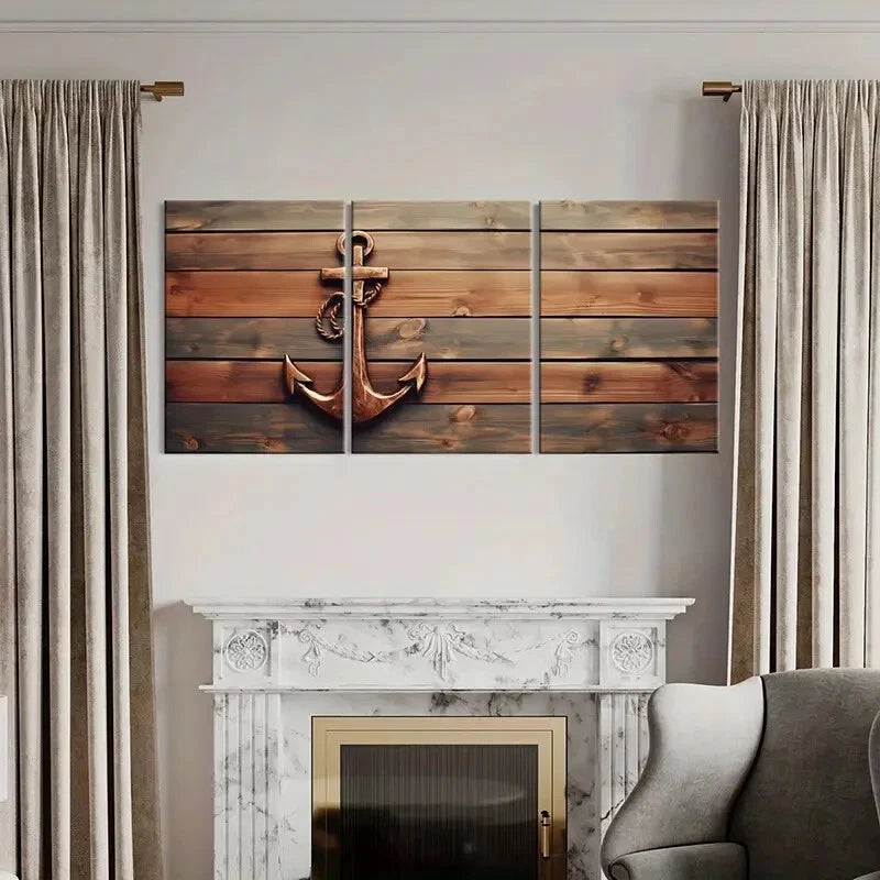 3pcs Coastal Nautical Anchor Wooden Metal Print Ready to Hang Art - Bella Home Decor