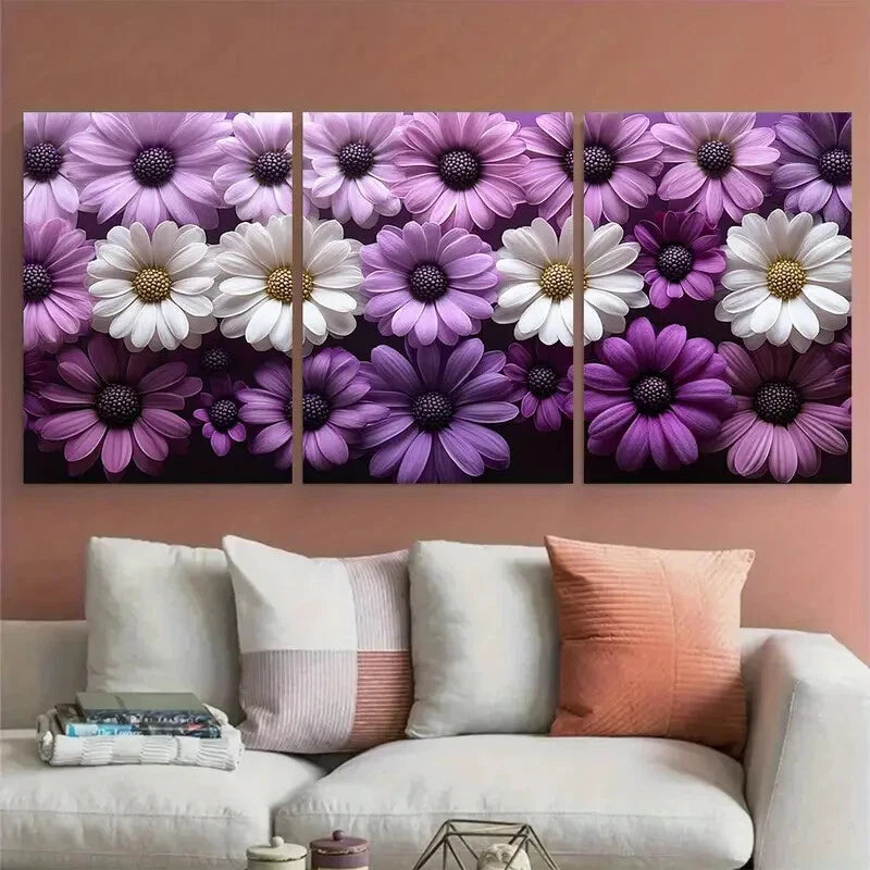 3pcs Elegant Marguerite Daisy Purple and White Metal Print Ready to Hang Art - Bella Home Decor