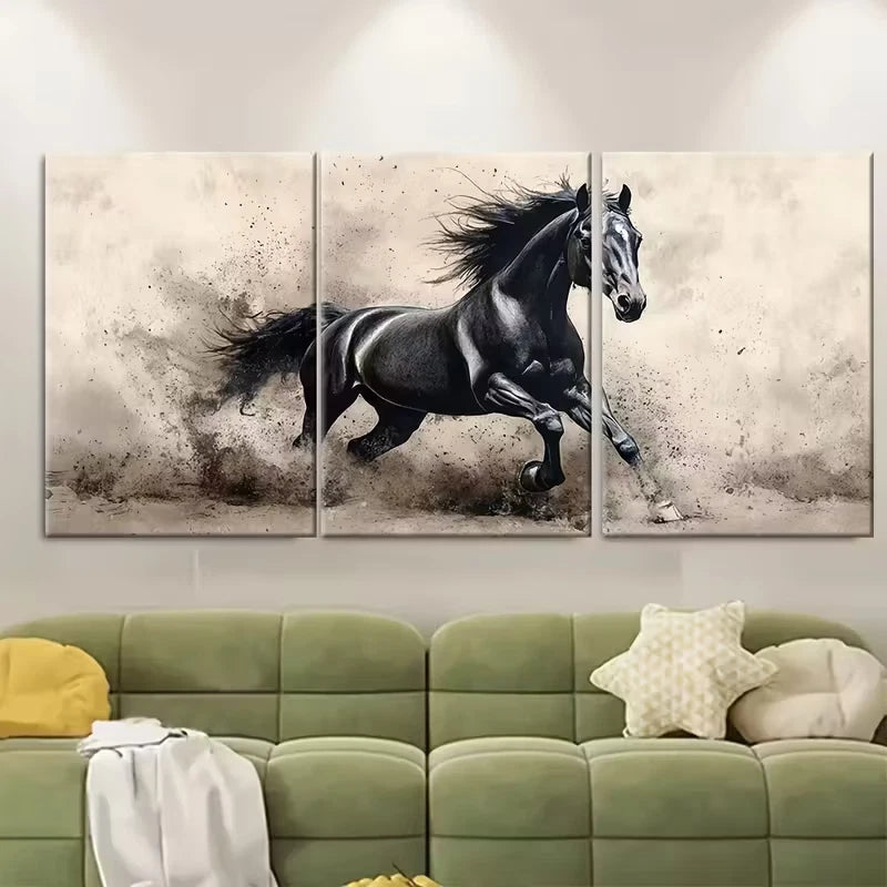 3pcs Black Horse Watercolour Ink Metal Print Ready to Hang Art - Bella Home Decor