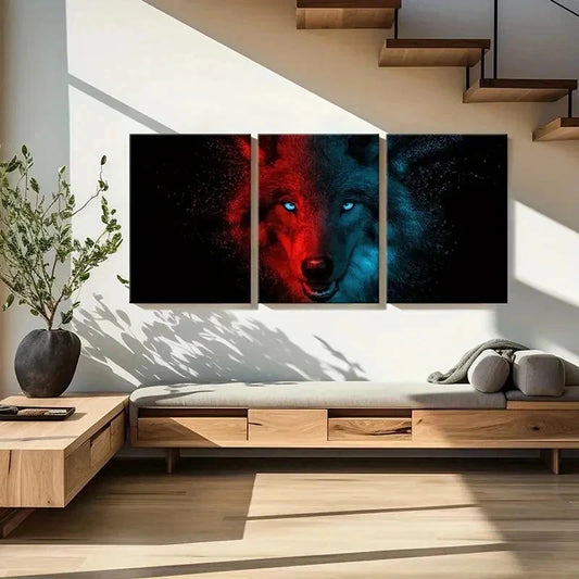 3pcs Dark style Red And Blue Wolf Animal Wall Art Set Canvas Framed 40x60cm - High Quality Print 100% Australian Made Wall Canvas Ready to Hang