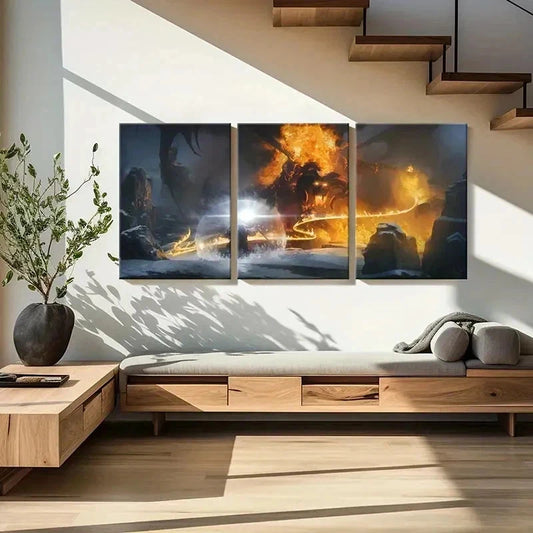 3pcs Middle-Earth Wizard & Fire Monster Wall Art Set Canvas Framed 50x70cm - High Quality Print 100% Australian Made Wall Canvas Ready to Hang