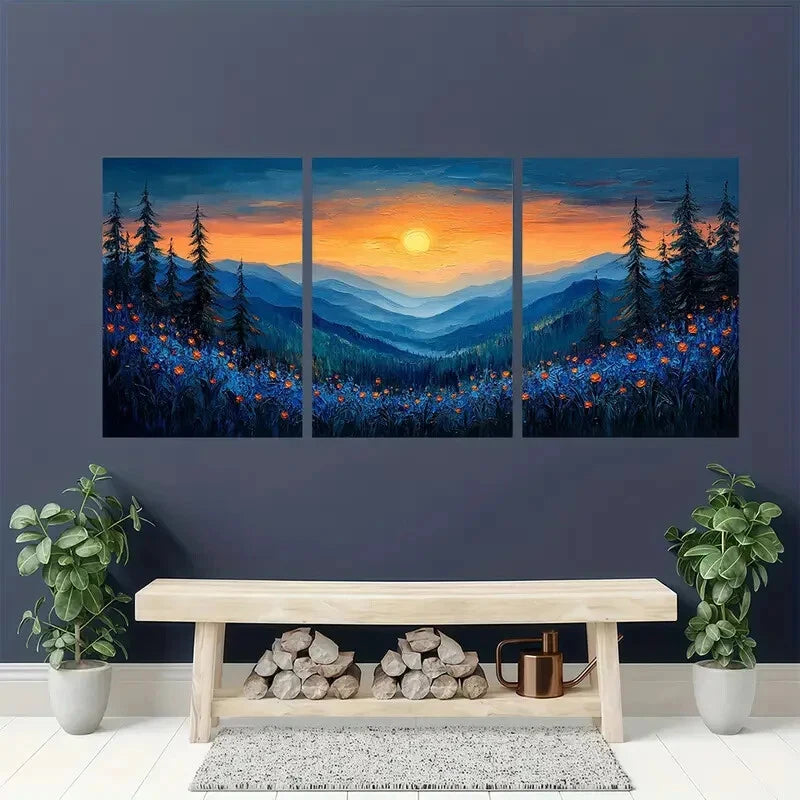3pcs Oil Painting Texture Blue Landscape Metal Print Ready to Hang Art - Bella Home Decor