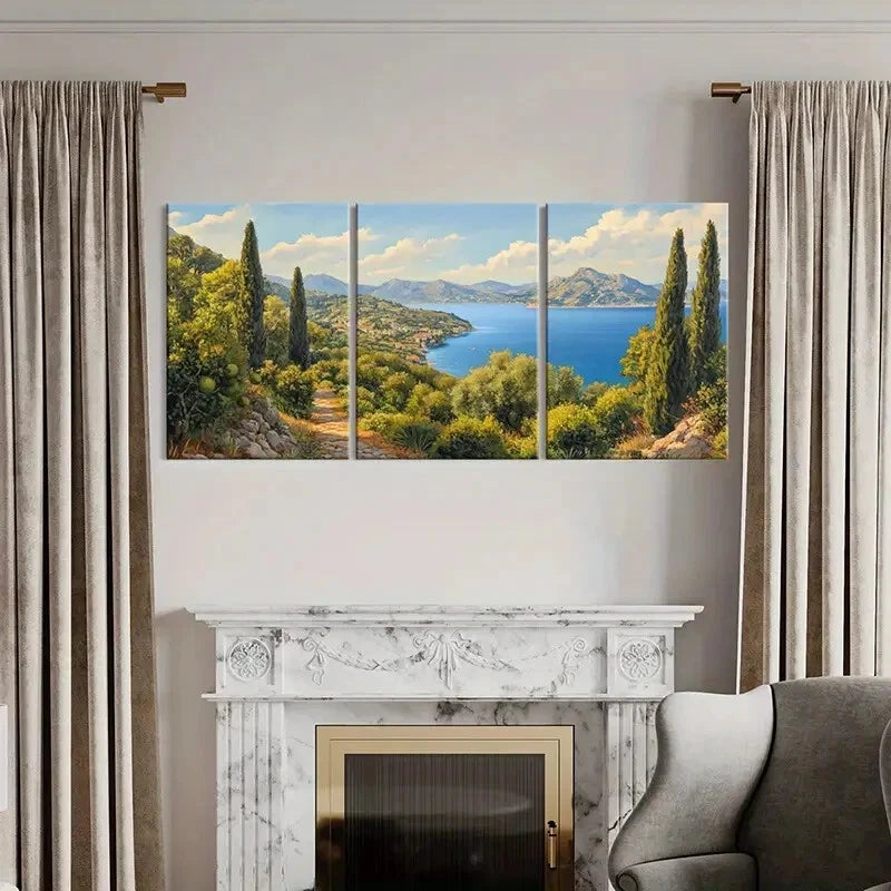 3pcs Mediterranean Coastal Landscape Mountains Metal Print Ready to Hang Art - Bella Home Decor