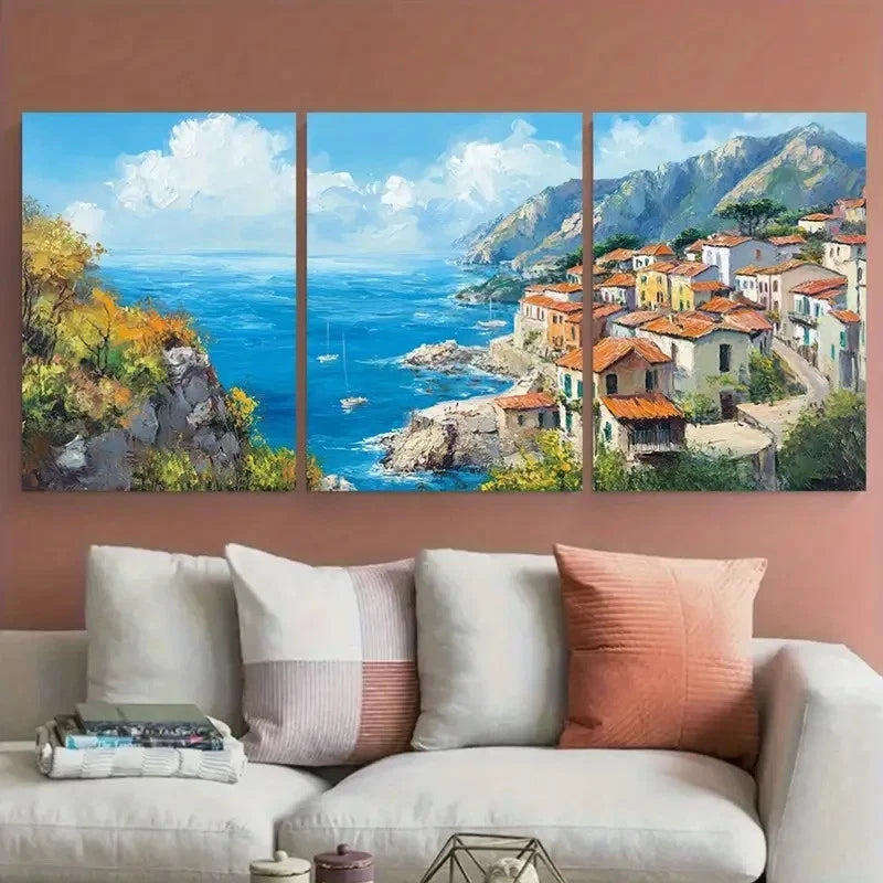 3pcs Coastal Town Mediterranean Seaside Wall Art Set Canvas Framed 40x60cm - High Quality Print 100% Australian Made Wall Canvas Ready to Hang - Bella Home Decor