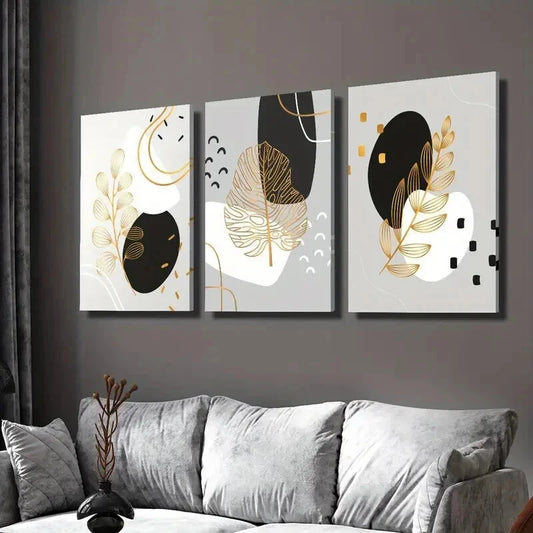 3pcs Minimalist Golden Leaf Decoration Wall Art Set Canvas Framed 50x70cm - High Quality Print 100% Australian Made Wall Canvas Ready to Hang