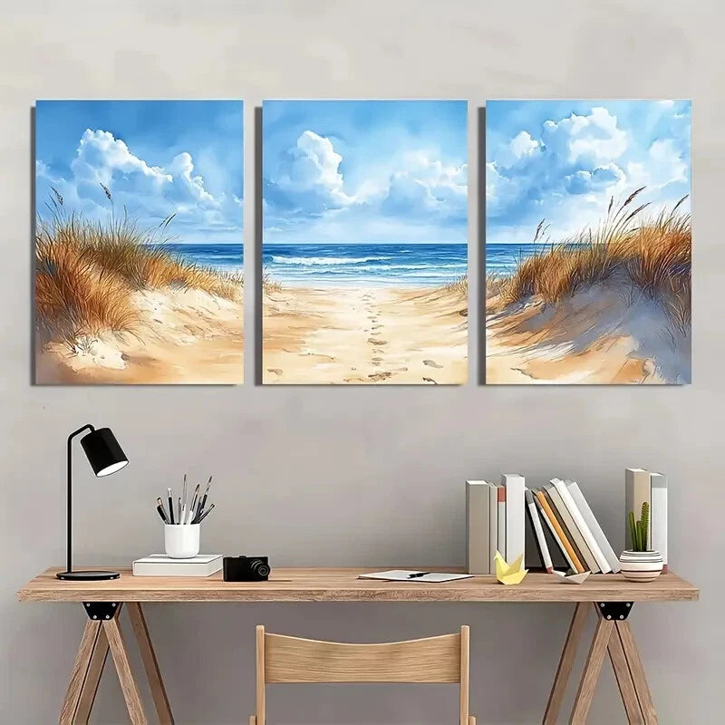 3pcs Sand Beach Painting Seascape Watercolor Metal Print Ready to Hang Art - Bella Home Decor