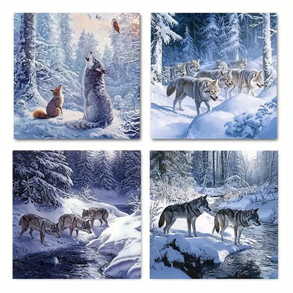 4pcs Snowy Forest Landscapes With Howling Wolves Wall Art Canvas Framed