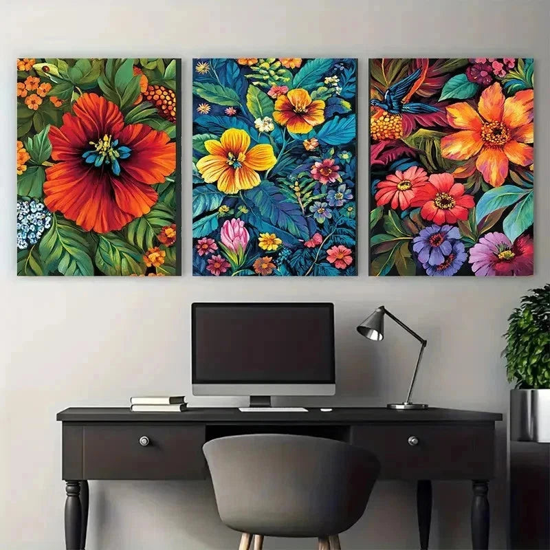 3pcs Vibrant Guatemalan Floral Perfect Wall Art Set Canvas Framed 60x90cm - High Quality Print 100% Australian Made Wall Canvas Ready to Hang