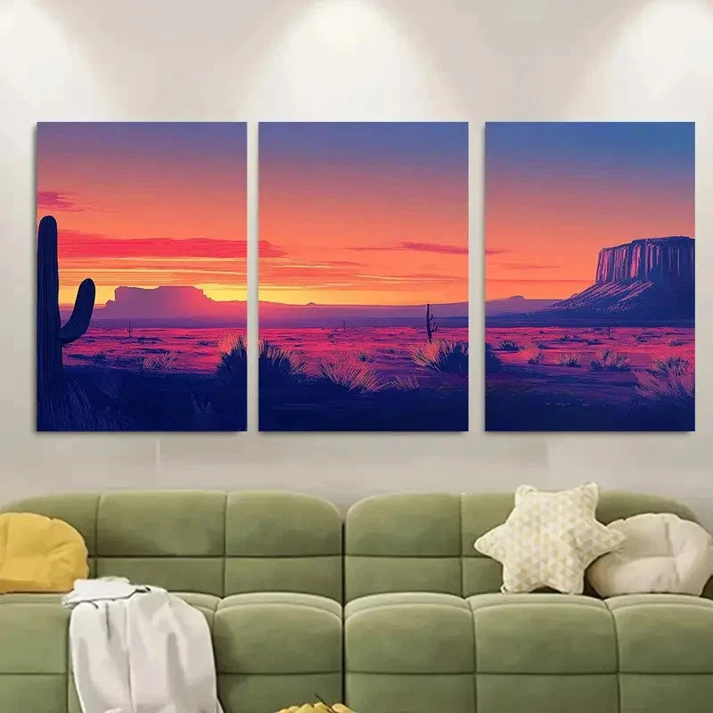 3pcs Color Block Landscape with Cacti Metal Print Ready to Hang Art - Bella Home Decor