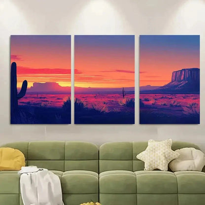 3pcs Color Block Landscape with Cacti Metal Print Ready to Hang Art - Bella Home Decor