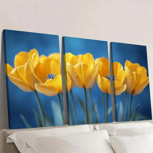 3pcs Yellow Tulip Blue and Yellow yu Wall Art Set Canvas Framed 40x60cm - High Quality Print 100% Australian Made Wall Canvas Ready to Hang