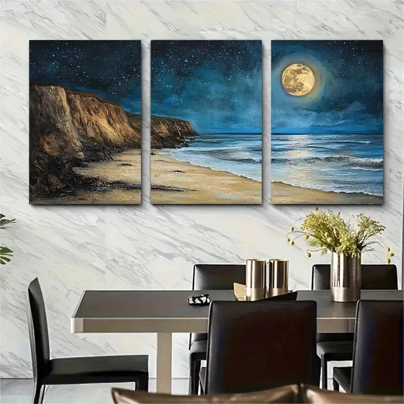 3pcs Night Ocean Starry Sky Coastal Metal Print Ready to Hang Art - Bella Home Decor