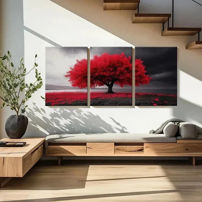 3pcs Serene Red Tree & Dark Sky Vibrant Wall Art Set Canvas Framed 50x70cm - High Quality Print 100% Australian Made Wall Canvas Ready to Hang