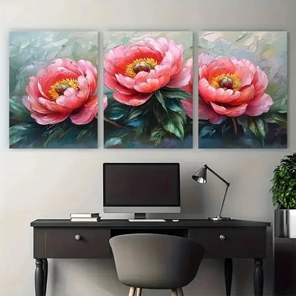 3pcs Peonies Impasto Flowers Décor Perfect Wall Art Set Canvas Unframed - High Quality Print 100% Australian Made Wall Canvas