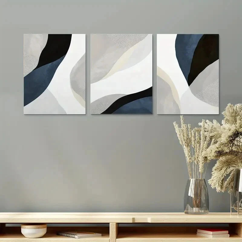 3pcs Navy Blue Abstract Wall Art Posters Metal Print Ready to Hang Art - Bella Home Decor