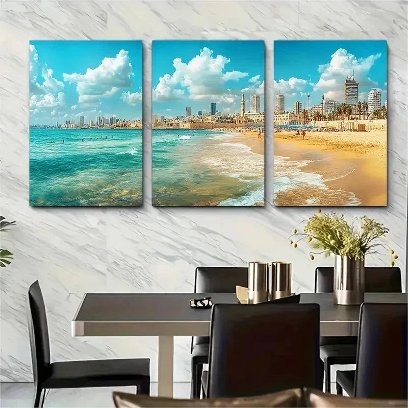 3pcs Mediterranean Beach Scene Nature Perfect Wall Art Set Canvas Framed 50x70cm - High Quality Print 100% Australian Made Wall Canvas Ready to Hang