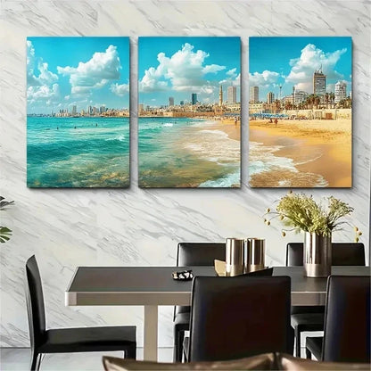 3pcs Mediterranean Beach Scene Nature Perfect Wall Art Set Canvas Framed 50x70cm - High Quality Print 100% Australian Made Wall Canvas Ready to Hang