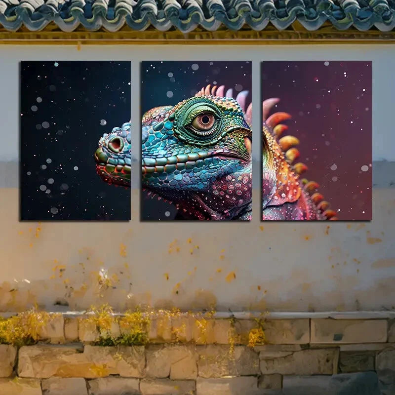3pcs Colorful Chameleon Closeup View Illustration Metal Print Ready to Hang Art - Bella Home Decor