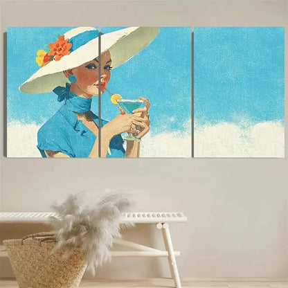 3pcs Vintage Coastal Cowgirl Martini Wall Art Set Canvas Framed 50x70cm - High Quality Print 100% Australian Made Wall Canvas Ready to Hang