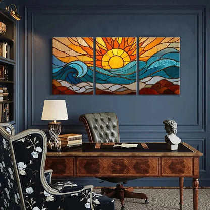 3pcs Stained Glass Sun Ocean Waves Beach Metal Print Ready to Hang Art - Bella Home Decor