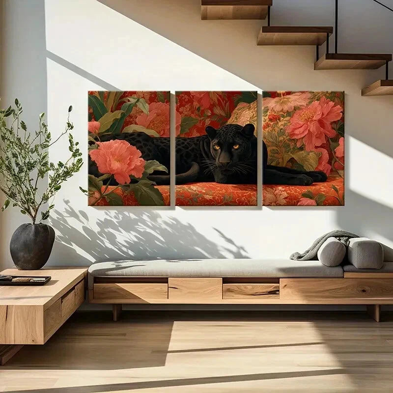 3pcs Black Panther Floral Background Luxurious Metal Print Ready to Hang Art - Bella Home Decor