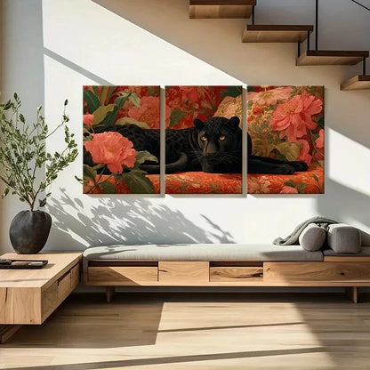 3pcs Black Panther Floral Background Luxurious Metal Print Ready to Hang Art - Bella Home Decor