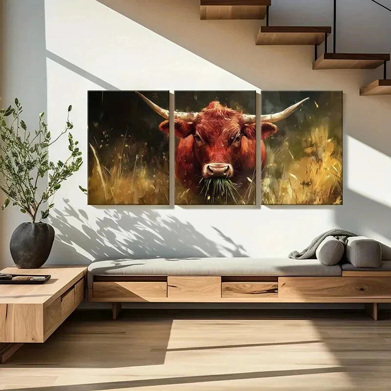 3pcs Cattle Bull Animal Landscape Golden Metal Print Ready to Hang Art - Bella Home Decor