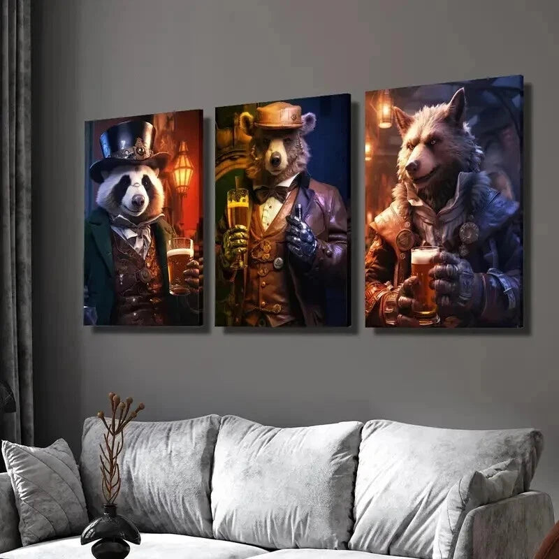 3pcs Panda & Bear Wearing a Hat and a Suit Wall Art Set Canvas Framed 60x90cm - High Quality Print 100% Australian Made Wall Canvas Ready to Hang