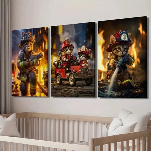 3pcs Adorable Firefighter Cats in Action Wall Art Canvas Unframed - High Quality Print 100% Australian Made Wall Canvas - Bella Home Decor