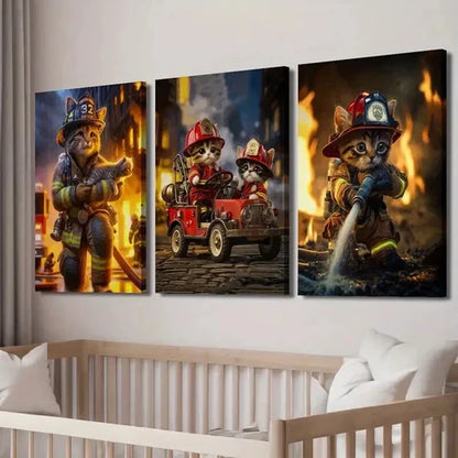 3pcs Adorable Firefighter Cats in Action Wall Art Canvas Unframed - High Quality Print 100% Australian Made Wall Canvas - Bella Home Decor
