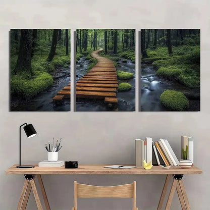 3pcs Boardwalk Stream Vibrant Green Foliage Wall Art Set Canvas Framed 60x90cm - High Quality Print 100% Australian Made Wall Canvas Ready to Hang