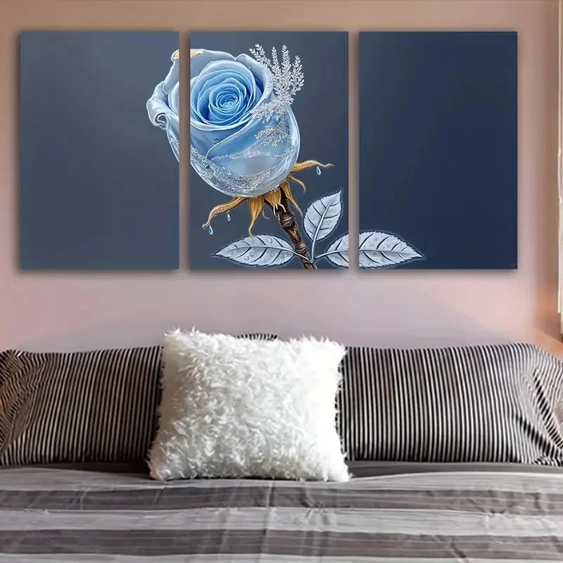3pcs Blue Rose With Water Droplets Wall Art Set Canvas Framed 60x90cm - High Quality Print 100% Australian Made Wall Canvas Ready to Hang - Bella Home Decor