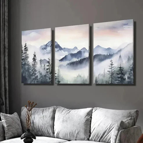 3pcs Blue Snow Mountain Valley Forest Wall Art Set Canvas Unframed - High Quality Print 100% Australian Made Wall Canvas - Bella Home Decor