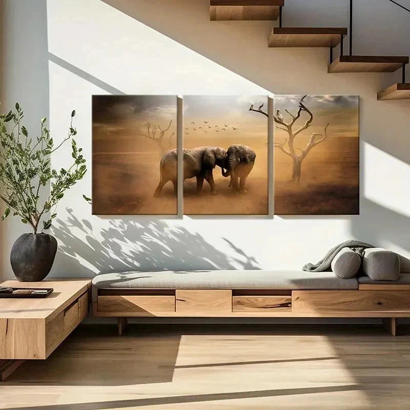 3pcs Elephants & Dead Trees Landscape Wall Art Set Canvas Framed 60x90cm - High Quality Print 100% Australian Made Wall Canvas Ready to Hang - Bella Home Decor