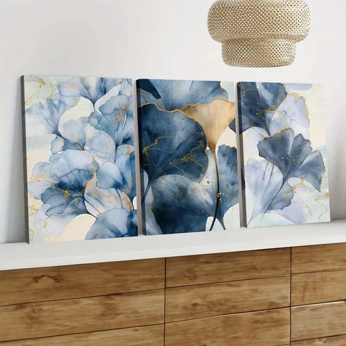 3pcs Blue Botanical Blue Leaves Abstract Wall Art Set Canvas Unframed - High Quality Print 100% Australian Made Wall Canvas - Bella Home Decor