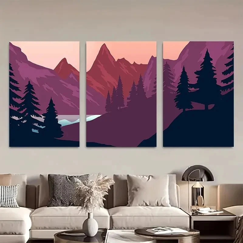 3pcs Mountain Landscape Illustration Metal Print Ready to Hang Art
