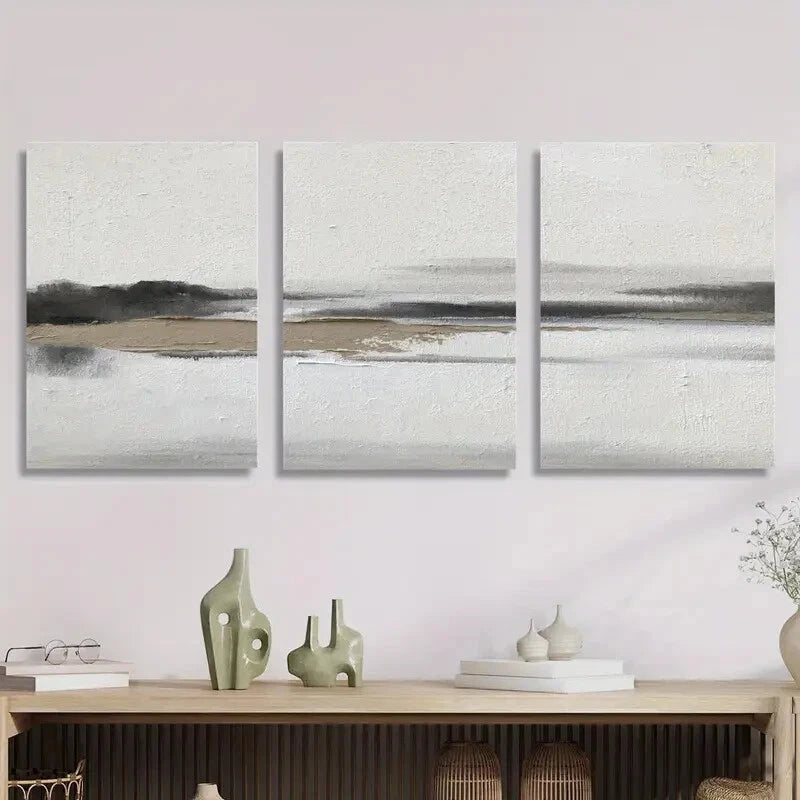 3pcs Misty landscape painting, beige Metal Print Ready to Hang Art